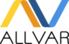 ALLVAR Logo with a transparent background. The Logo has a stylized "AV" with warm yellows and oranges on the left into a cooler blues in the V to represent negative thermal expansion.