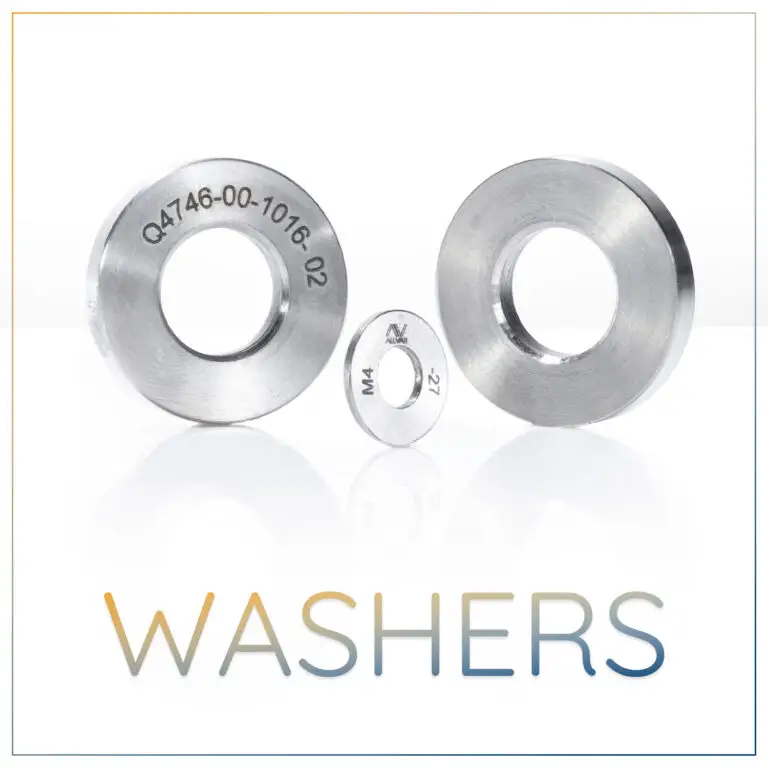Negative Thermal Expansion Washers - Three ALLVAR Alloy washers are shown standing above the word "washers". These negative CTE washers are used to maintain a constant preload when using dissimilar materials in bolted joints.