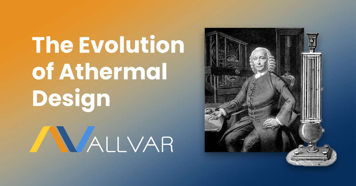 A title image for the evolution of athermal design blog post. The image shows John Harrison, an 18th century English clockmaker who studied the thermal expansion of materials to create the athermal "Gridiron Pendulum."