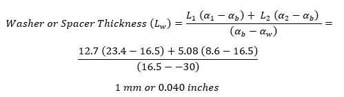 This image shows an example equation and solution to determine the thermal compensating washer thickness needed to athermalize a sample joint.
