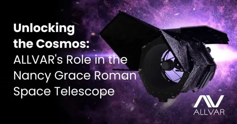 Introducing the Cosmos: ALLVAR's Role in the Nancy Grace Roman Space Telescope" white title text infront of a visual of the Nancy Grace Roman Space Telescope with a small white ALLVAR logo in the bottom right.