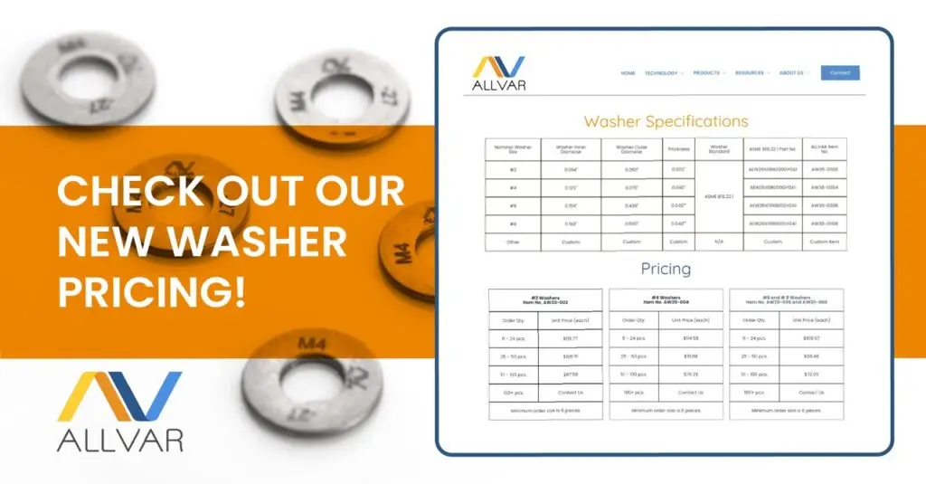 A title that says "Check out our new washer pricing!" next to a washer spec and price sheet with the ALLVAR logo in the bottom left and thermal compensation washers in the background.