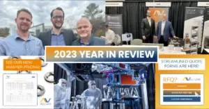 2023 Year In Rewview Image. The Title reads 2023 year in review with images from the allvar team at SPIE Defense and Commercial Sensing, Mirror Technology days, and an image of work being done on the Nancy Grace Roman Space Telescope