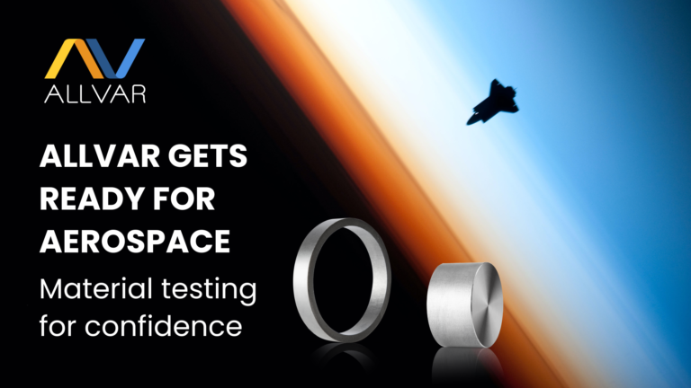 "ALLVAR Gets Ready For Aerospace: Material Testing for Confidence" title overlayed on a view of the space shuttle orbiting just outside of the atmosphere. The dark earth at night is shown in the bottom left with a gradient of a rising sun on the distant horizon and the dark blue of space on the edge of the gradient.
